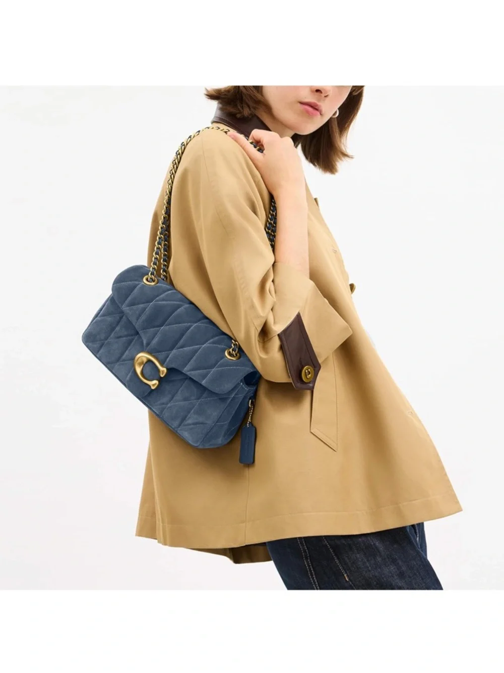 Coach Tabby 26 Quilted Blue Suede Shoulder Bag with Gold Hardware - New